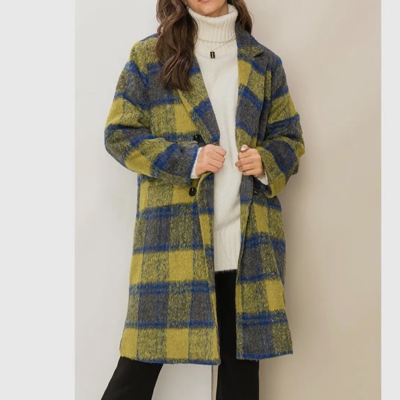 13 Classic Fuzzy Mohair-Like Plaid Coat - Picture 2 of 5